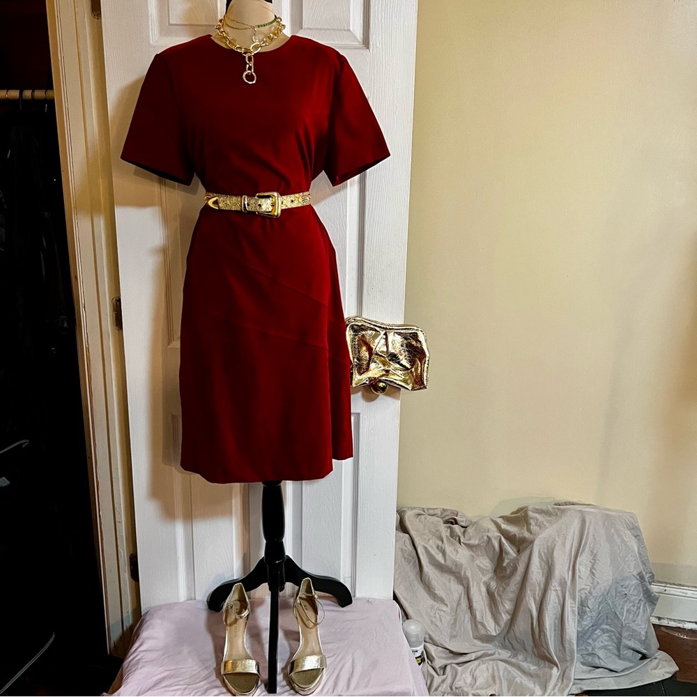VTG Hampton Dress Co. Ultra Suede Mod Red S/S Minimalist‎ Retro Midi Dress 14